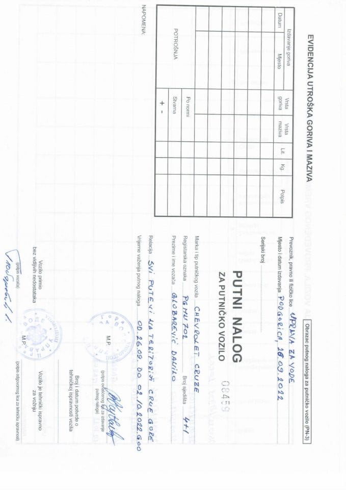 Путни налог за коришћење службеног возила ПГМН702 за период од 26.09.-02.10.2022.г.