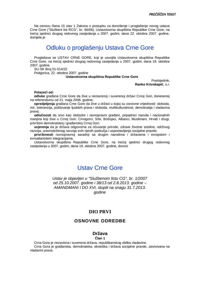 Ustav Crne Gore - prečišćen tekst