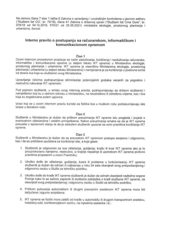 Interno pravilo o postupanju sa računarskom, informatičkom i komunikacionom opremom