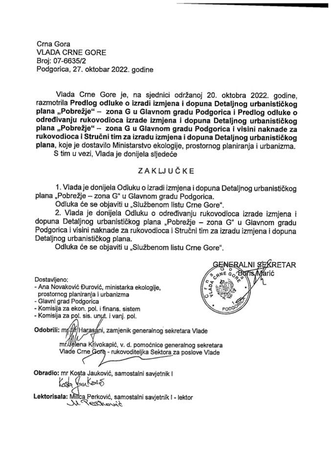 Predlog odluke o izradi Izmjena i dopuna DUP „Pobrežje- zona G“ u Glavnom gradu - Podgorica - zaključci