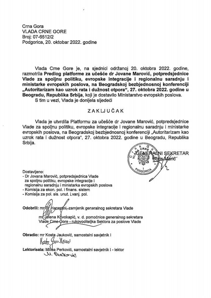 Предлог платформе за учешће потпредсједнице Владе за спољну политику, европске интеграције и регионалну сарадњу и министарке европских послова на Београдској безбједносној конференцији - закључци