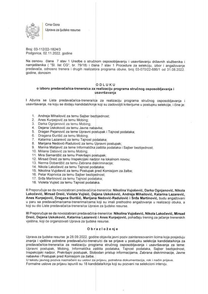 Odluka o izboru predavača za realizaciju programa stručnog osposobljavanja i usavršavanja