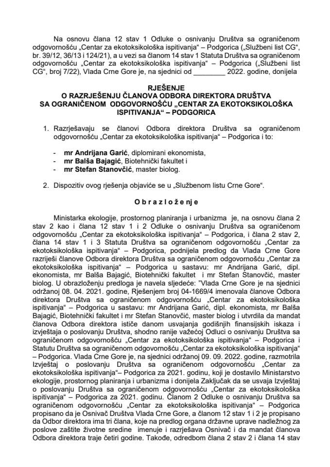 Предлог за разрјешење чланова Одбора директора "Центра за екотоксиколошка испитивања" - Подгорица