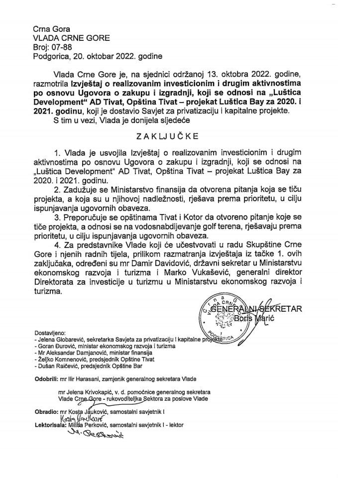 Извјештај о реализованим инвестиционим и другим активностима по основу Уговора о закупу и изградњи, који се односи на „Луштица Development“ АД Тиват, општина Тиват – пројекат Луштица Bay за 2020. и 2021. годину - закључци