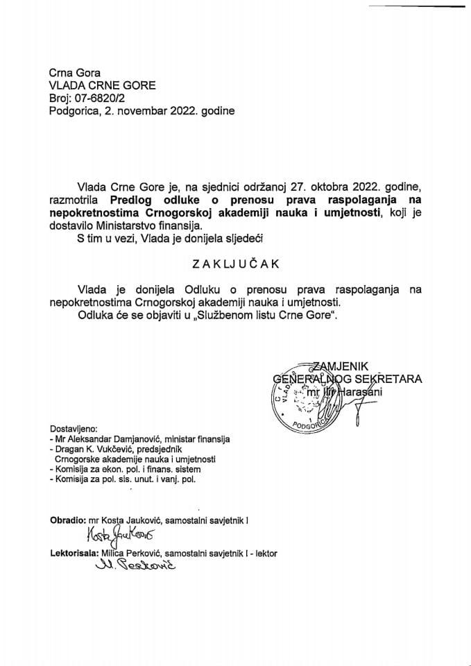 Predlog odluke o prenosu prava raspolaganja na nepokretnostima Crnogorskoj akademiji nauka i umjetnosti - zaključci