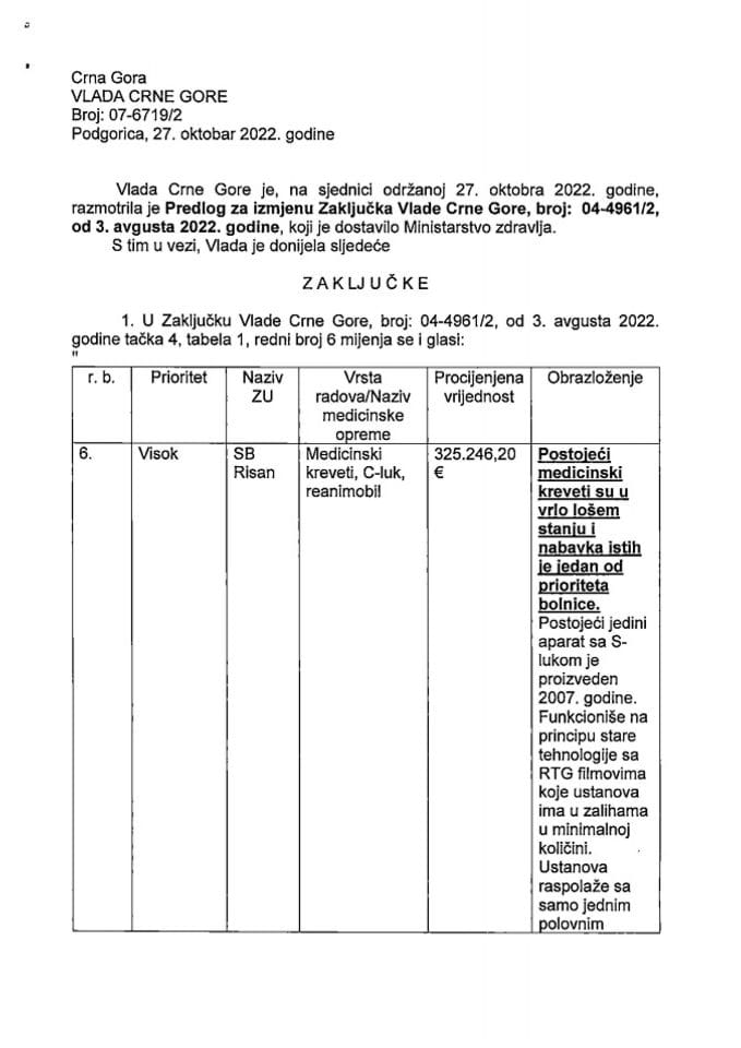 Предлог за измјену Закључка Владе Црне Горе, број: 04-4961/2, од 3. августа 2022. године - закључци