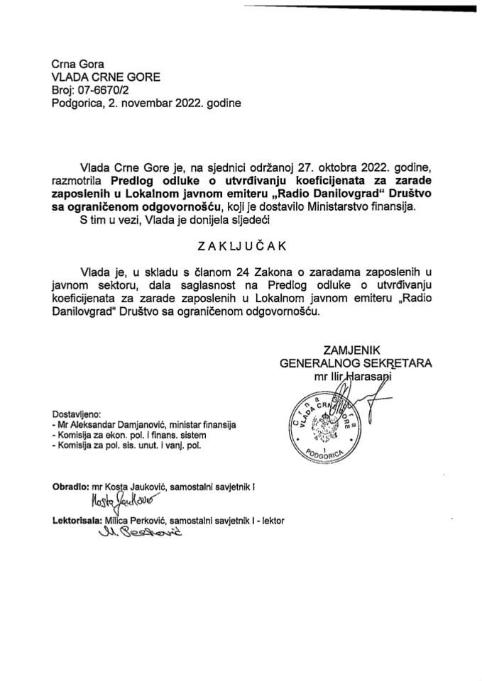 Предлог одлуке о утврђивању коефицијената за зараде запослених у Локалном јавном емитеру „Радио Даниловград“ Друштво са ограниченом одговорношћу - закључци