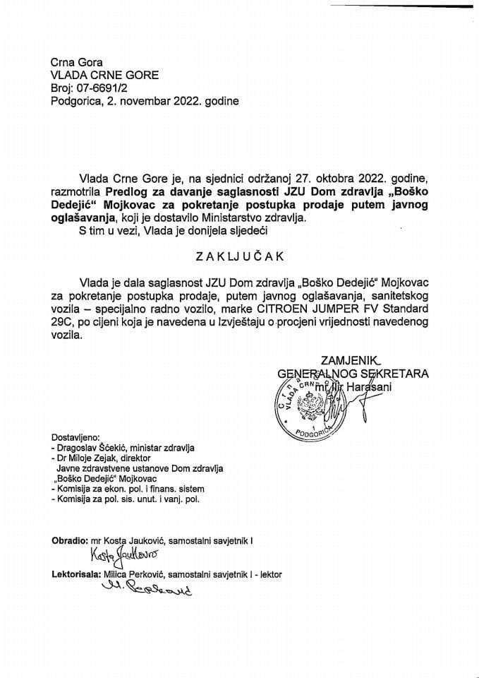 Predlog za davanje saglasnosti JZU Dom zdravlja „Boško Dedejić“ Mojkovac, za pokretanje postupka prodaje putem javnog oglašavanja sanitetskog vozila – specijalno radno vozilo marke Citroen Jumper FV Standard 29C - zaključci