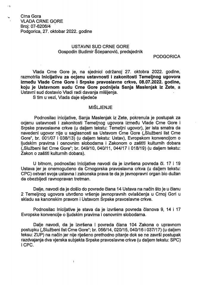Predlog mišljenja na Inicijativu za pokretanje postupka za ocjenu ustavnosti i zakonitosti Temeljnog ugovora između Crne Gore i Srpske Pravoslavne Crkve od 08.07.2022. godine - zaključci
