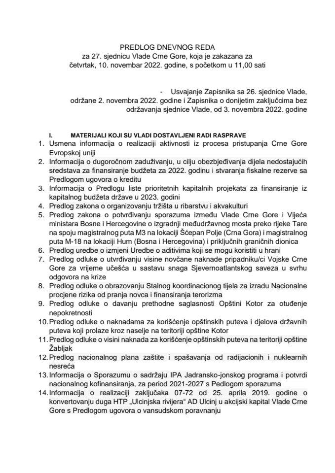 Предлог дневног реда за 27. сједницу Владе Црне Горе