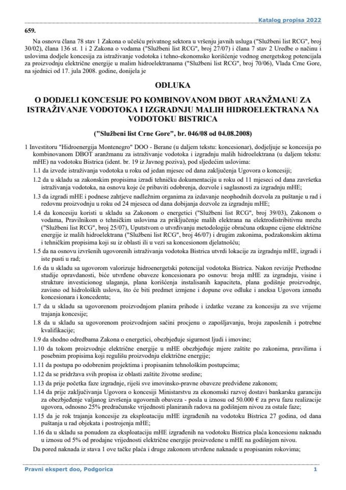 Odluka o dodjeli koncesije po kombinovanom DBOT aranžmanu za istraživanje vodotoka i izgradnju malih hidroelektrana na vodotoku Bistrica