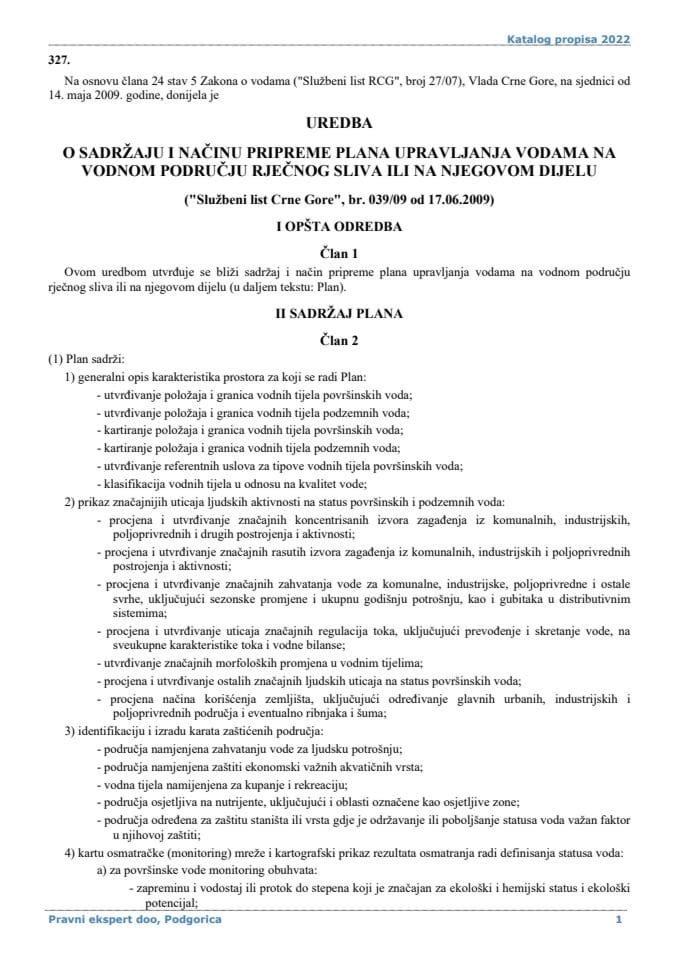 Uredba o sadržaju i načinu pripreme plana upravljanja vodama na vodnom području rječnog sliva ili na njegovom dijelu