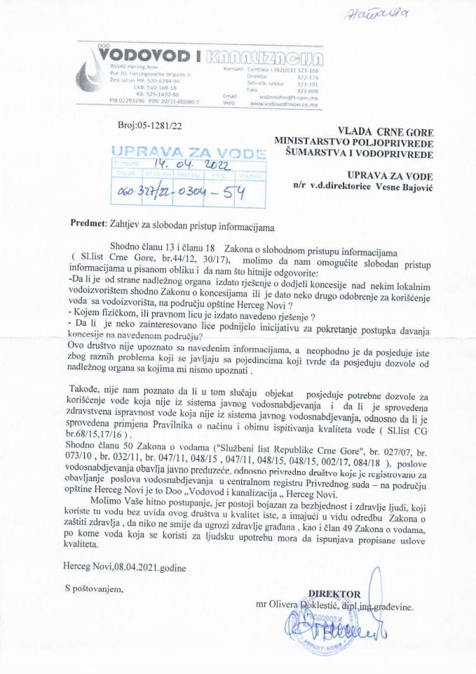Zahtjev za slobodan pristup informacijama Vodovod i kanalizacija Herceg Novi br. 060-327/22-0304-54