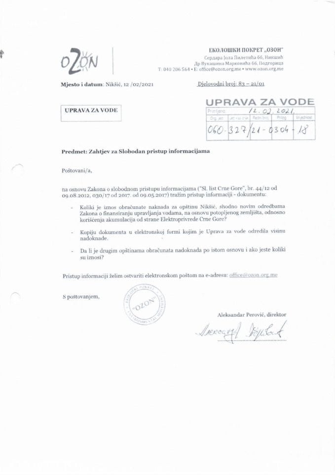 Zahtjev za slobodan pristup informacijama OZON br. 060-327/22-0304-18