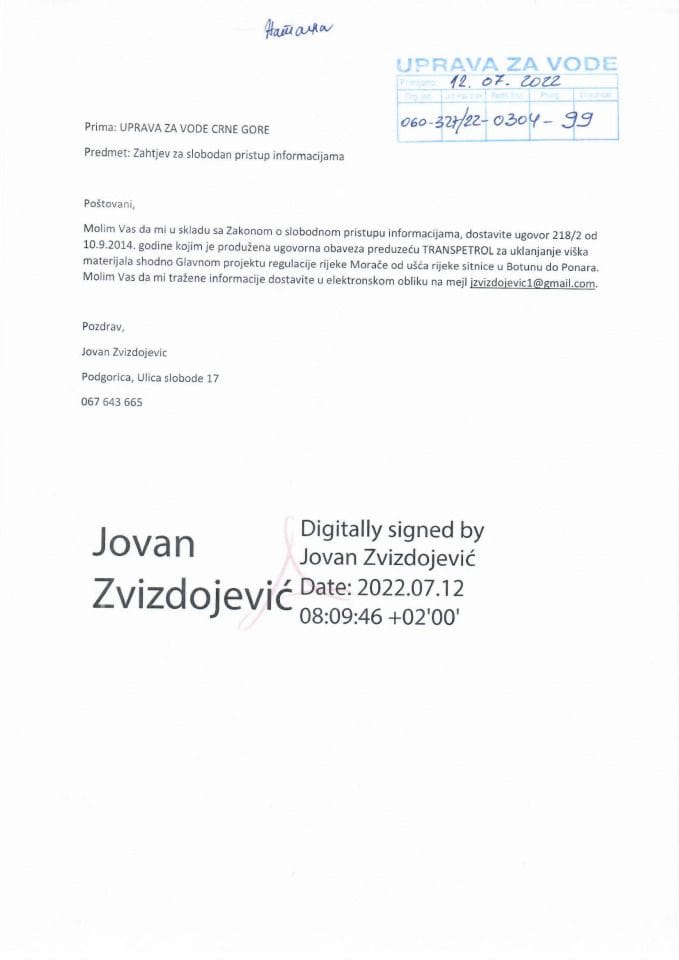 Zahtjev za slobodan pristup informacijama Jovan Zvizdojević br. 060-327/22-0304-99