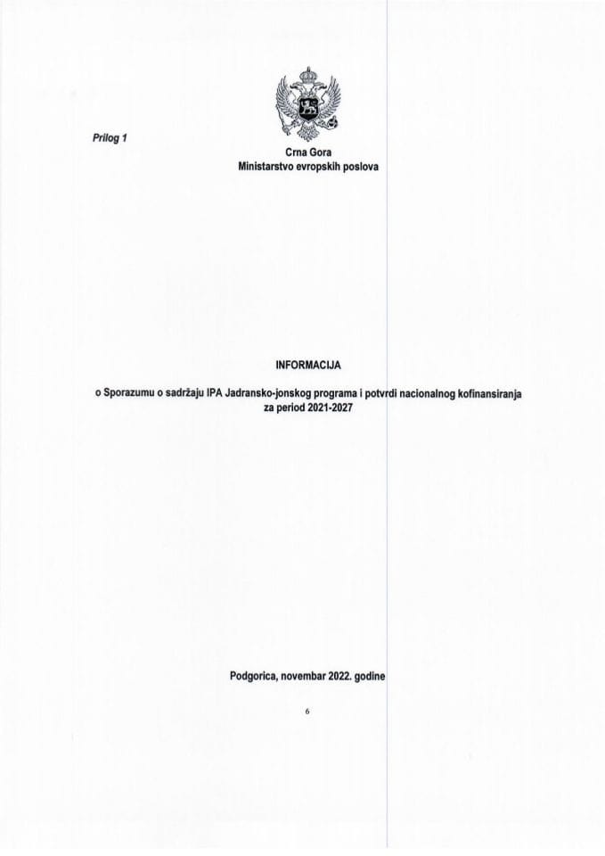 Informacija o Sporazumu o sadržaju IPA Jadransko-jonskog programa i potvrdi nacionalnog kofinansiranja, za period 2021-2027 s Pedlogom sporazuma