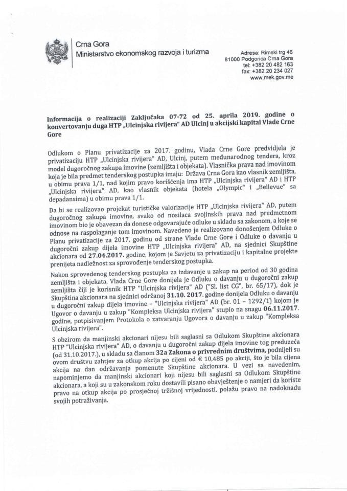 Informacija o realizaciji zaključaka 07-72 od 25. aprila 2019. godine o konvertovanju duga HTP „Ulcinjska rivijera“ AD Ulcinj u akcijski kapital Vlade Crne Gore s Predlogom ugovora o vansudskom poravnanju