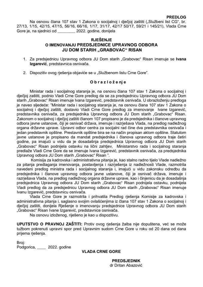 Predlog za imenovanje predsjednice Upravnog odbora JU Dom starih „Grabovac“ Risan