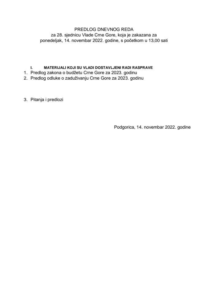 Предлог дневног реда за 28. сједницу Владе Црне Горе