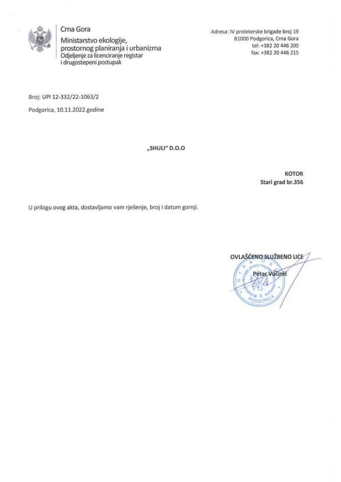 Licence projektanata i izvođača radova - UPI 12-332-22-1063-2 SHULI DOO