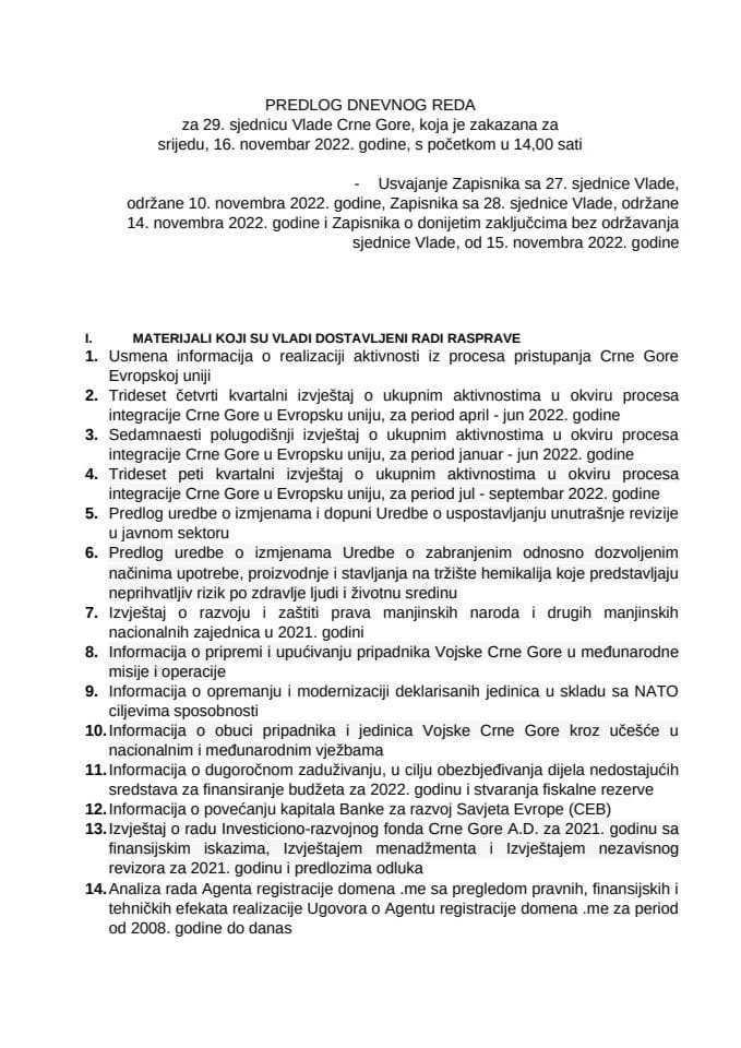 Предлог дневног реда за 29. сједницу Владе Црне Горе