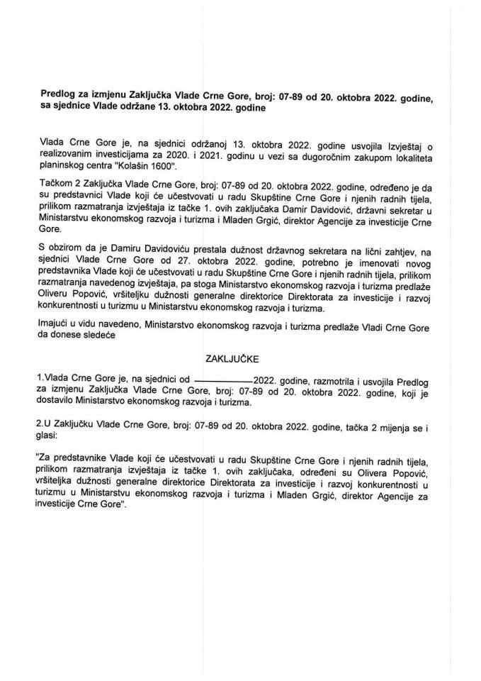 Predlog za izmjenu Zaključka Vlade Crne Gore, broj: 07-89, od 20. oktobra 2022. godine, sa sjednice od 13. oktobra 2022. godine