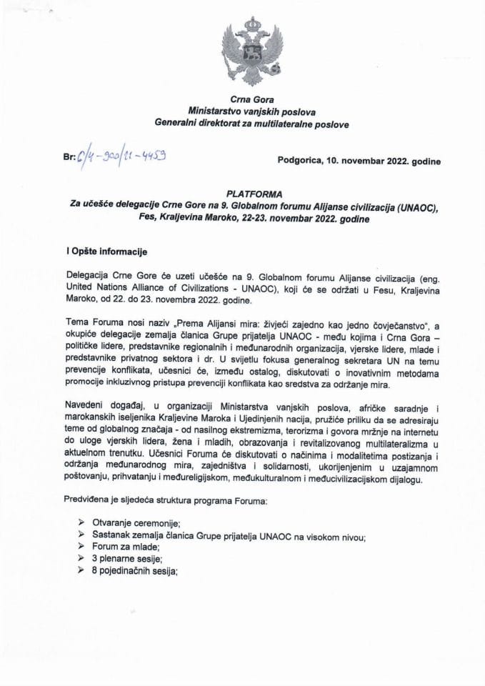 Предлог платформе за учешће делегације Црне Горе на 9. Глобалном форуму Алијансе цивилизација (UNAOC), Фес, Краљевина Мароко, 22-23. новембар 2022.