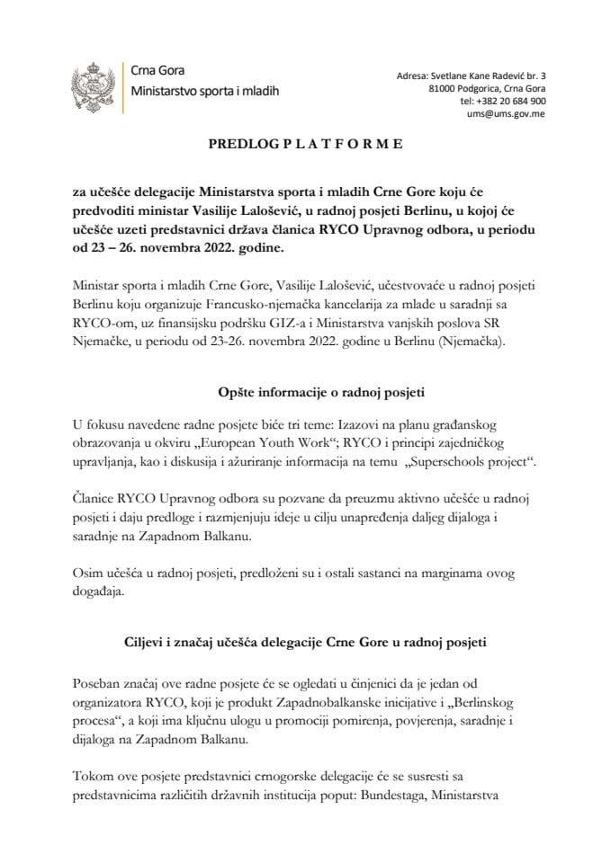 Predlog platforme za učešće ministra sporta i mladih Vasilija Laloševića na RYCO sastanku u Berlinu (23-26. novembar 2022. godine, Berlin, Njemačka)