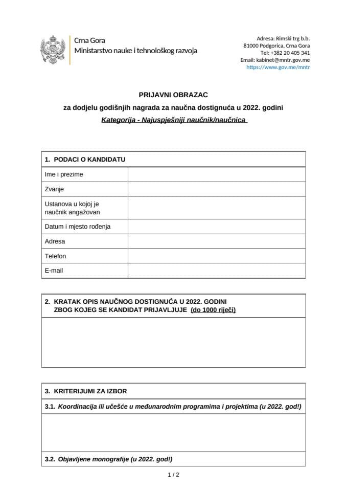 Prijavni obrazac - najuspjesniji naucnik