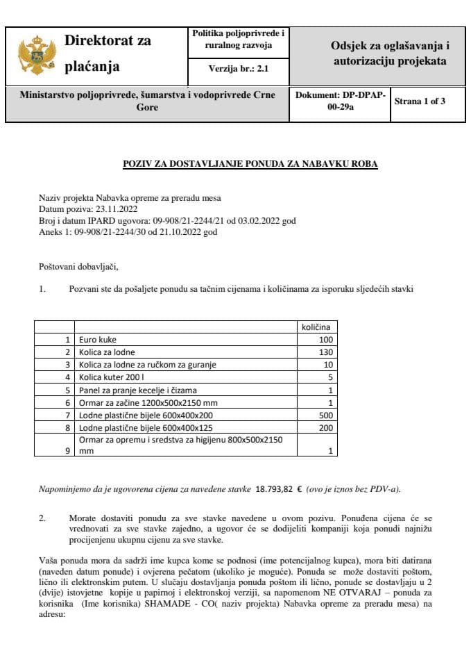 Poziv za dostavljanje ponuda za nabavku robe oprema Agros mne