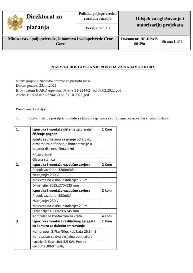 Poziv za dostavljanje ponuda za nabavku robe oprema Sistem za pranje mne