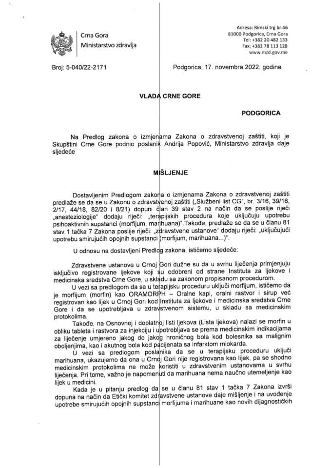Predlog mišljenja na Predlog zakona o izmjenama Zakona o zdravstvenoj zaštiti (predlagač poslanik Andrija Popović) (bez rasprave)