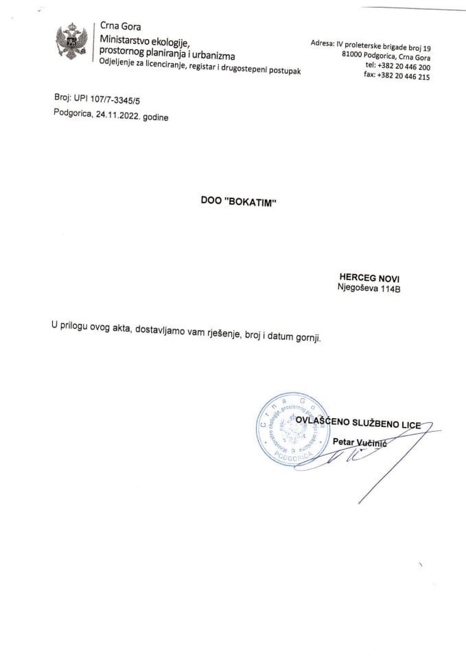 Licence revidenta i stručnog nadzora - UPI 107-7-3345-5 DOO BOKATIM