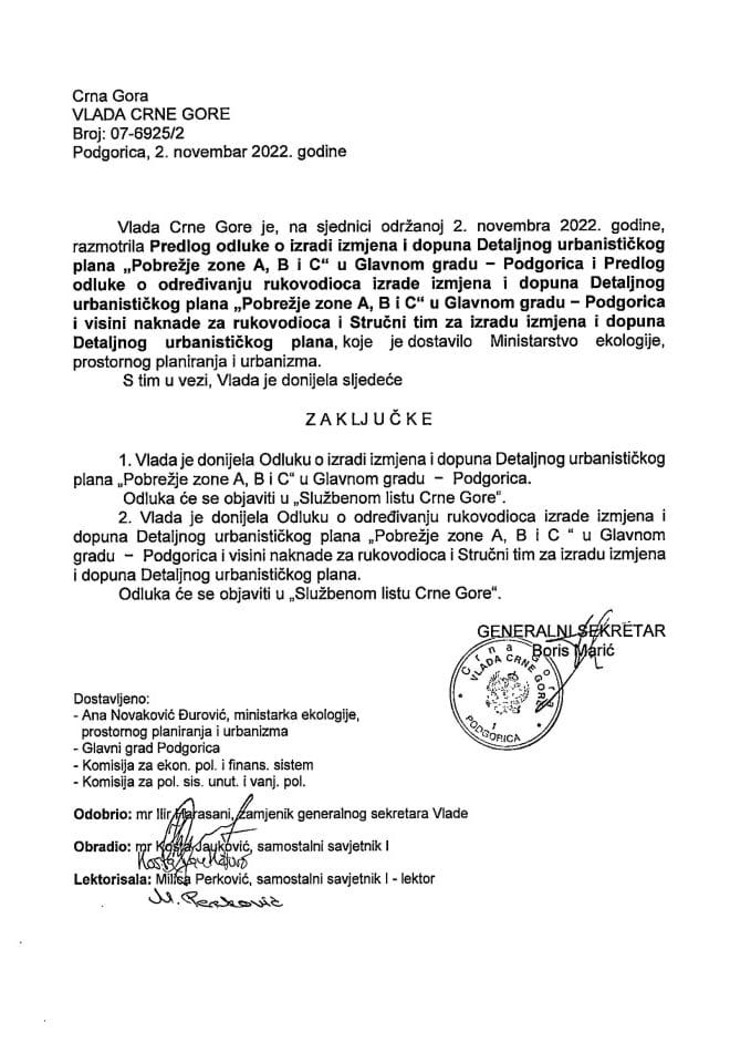 Predlog odluke o izradi Izmjena i dopuna DUP „Pobrežje zone A, B i C“ u Glavnom gradu - Podgorica i Predlog odluke o određivanju rukovodioca i visini naknade za rukovodioca i stručni tim - zaključci