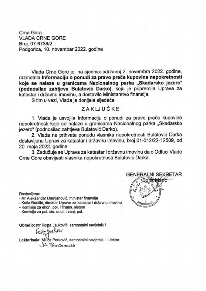 Informacija o ponudi za pravo preče kupovine nepokretnosti koje se nalaze u granicama Nacionalnog parka „Skadarsko jezero” (podnosilac zahtjeva Bulatović Darko) - zaključci