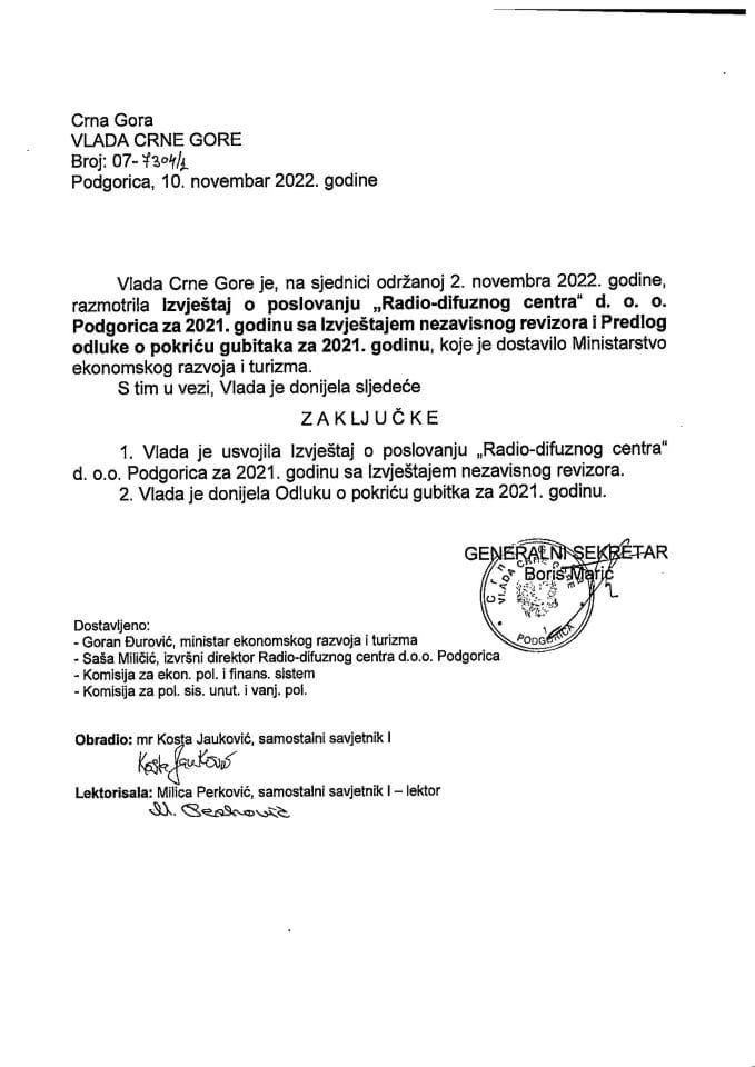 Izvještaj o poslovanju „Radio-difuznog centra“ d.o.o. Podgorica za 2021. godinu sa Izvještajem nezavisnog revizora i Predlog odluke o pokriću gubitaka za 2021. godinu - zaključci