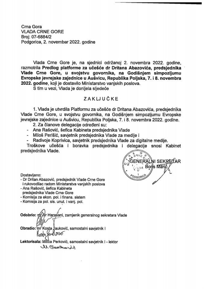 Предлог платформе за учешће предсједника Владе Црне Горе др Дритана Абазовића, у својству говорника, на годишњем симпозијуму Европске јеврејске заједнице, Република Пољска, Аушвиц, 7. и 8. новембар 2022. године - закључци
