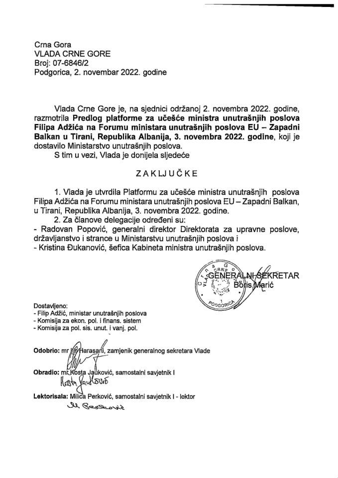 Predlog platforme za učešće ministra unutrašnjih poslova Filipa Adžića na Forumu ministara unutrašnjih poslova EU - Zapadni Balkan, Tirana, Republika Albanija, 3. novembar 2022. godine - zaključci