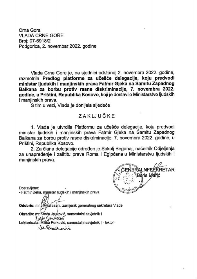 Предлог платформе за учешће делегације коју предводи министар Фатмир Гјека на Самиту Балкана за борбу против расне дискриминације 7. новембар 2022. године, у Приштини, Република Косово - закључци