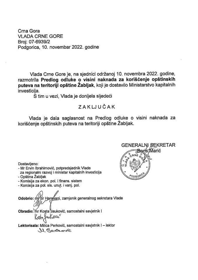 Predlog odluke o visini naknada za korišćenje opštinskih puteva na teritoriji opštine Žabljak - zaključci