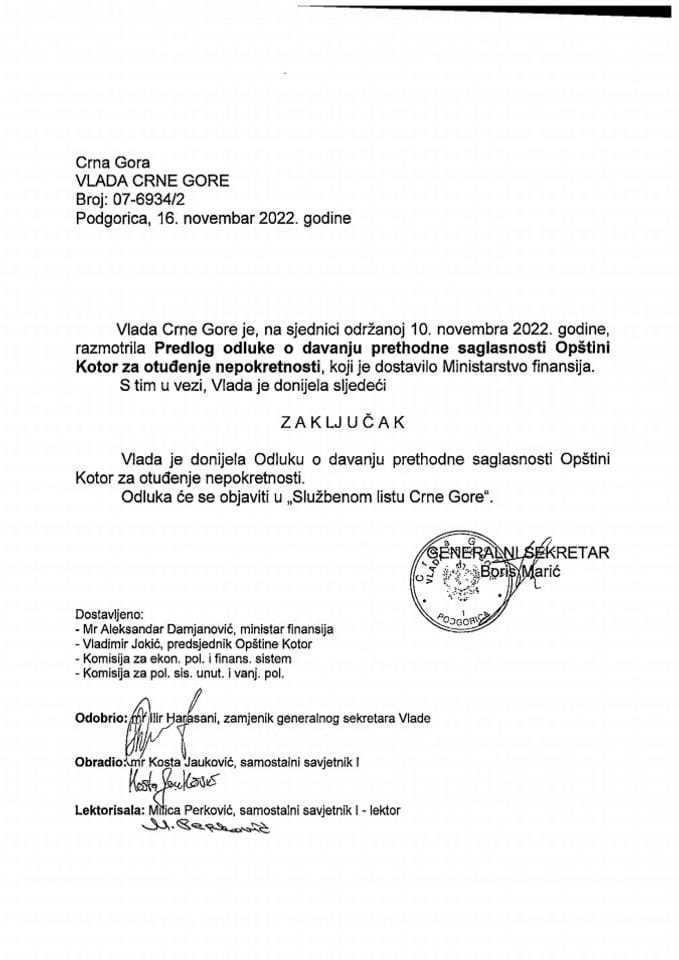 Predlog odluke o davanju prethodne saglasnosti Opštini Kotor za otuđenje nepokretnosti - zaključci