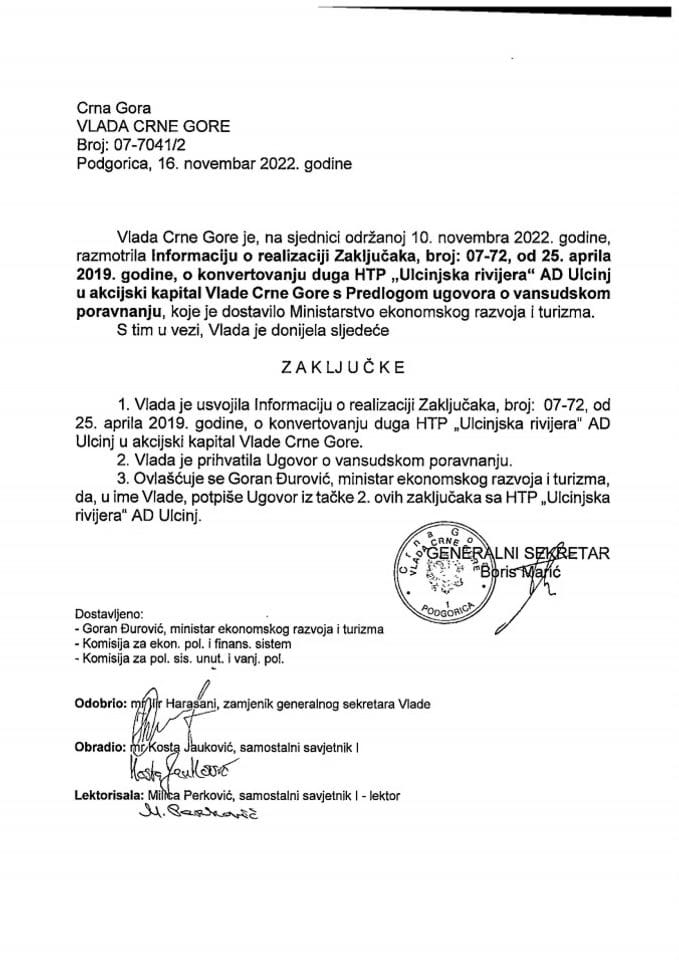 Informacija o realizaciji zaključaka 07-72 od 25. aprila 2019. godine o konvertovanju duga HTP „Ulcinjska rivijera“ AD Ulcinj u akcijski kapital Vlade Crne Gore s Predlogom ugovora o vansudskom poravnanju - zaključci