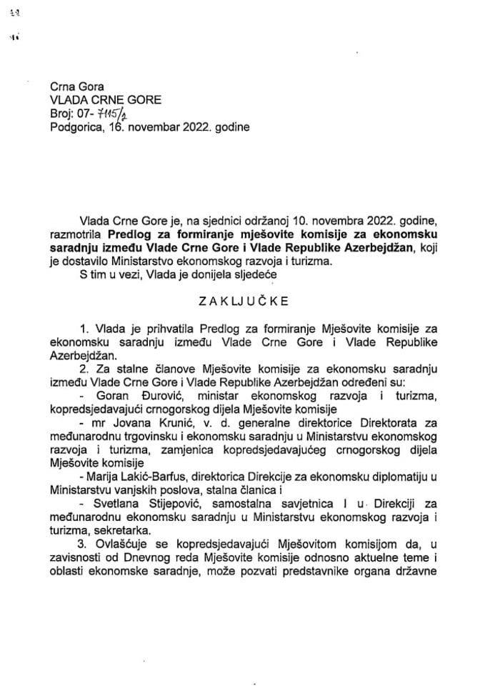 Predlog za formiranje Mješovite komisije za ekonomsku saradnju između Vlade Crne Gore i Vlade Republike Azerbejdžan (bez rasprave) -- zaključci