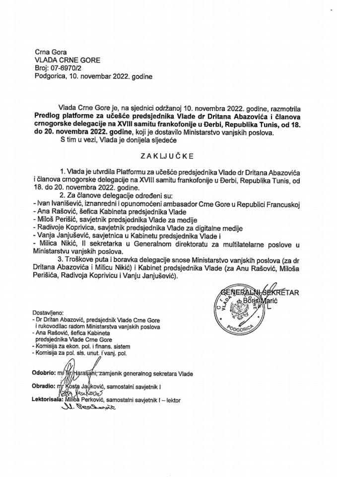 Predlog platforme za učešće predsjednika Vlade dr Dritana Abazovića i članova crnogorske delegacije na XVIII Samitu frankofonije, Đerba, Republika Tunis, 18-20. novembar 2022. godine (bez rasprave) - zaključci