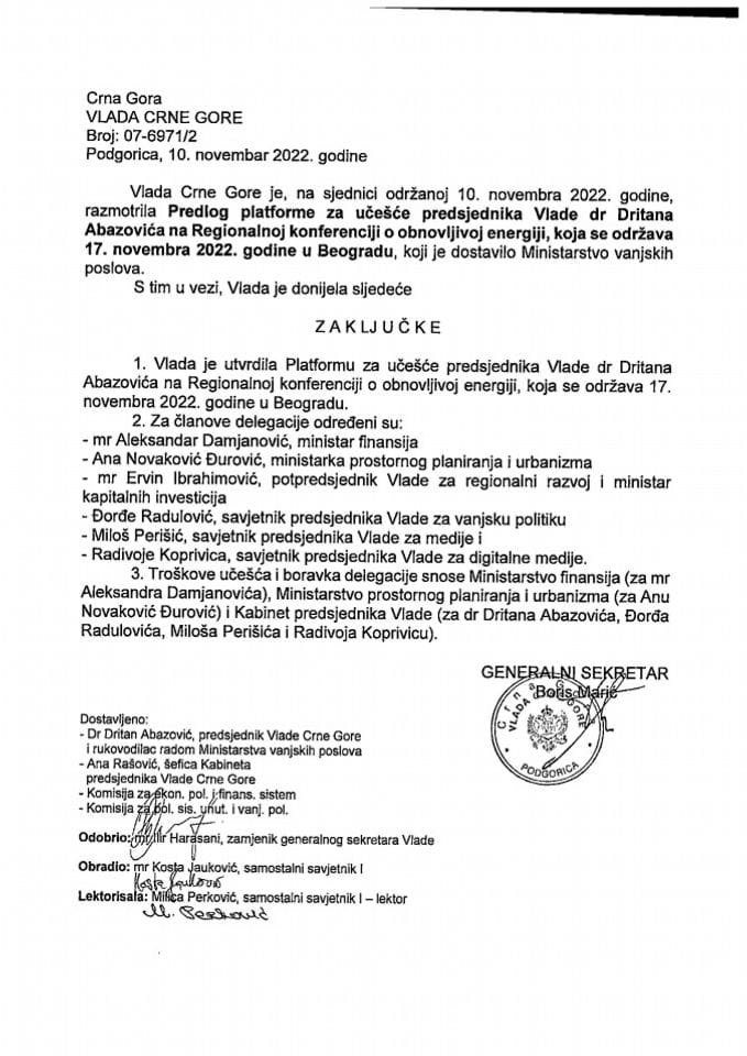 Predlog platforme za učešće predsjednika Vlade dr Dritana Abazovića na regionalnoj konferenciji o obnovljivoj energiji koja se održava 17. novembra 2022. godine u Beogradu (bez rasprave) - zaključci