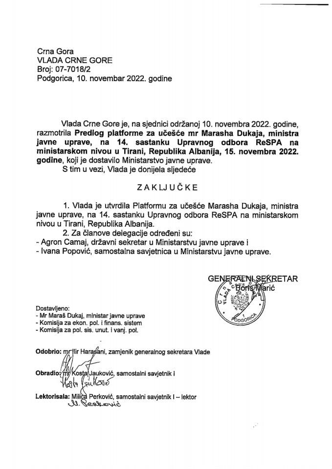 Предлог платформе за учешће мр Марасха Дукаја, министра јавне управе, на 14. састанку Управног одбора ReSPA на министарском нивоу, Тирана, Република Албанија, 15. новембар 2022. године (без расправе) - закључци