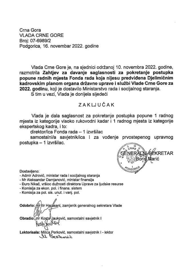 Zahtjev za davanje saglasnosti za pokretanje postupka popune radnih mjesta Fonda rada koja nijesu predviđena Djelimičnim kadrovskim planom organa državne uprave i službi Vlade Crne Gore za 2022. godine - zaključci
