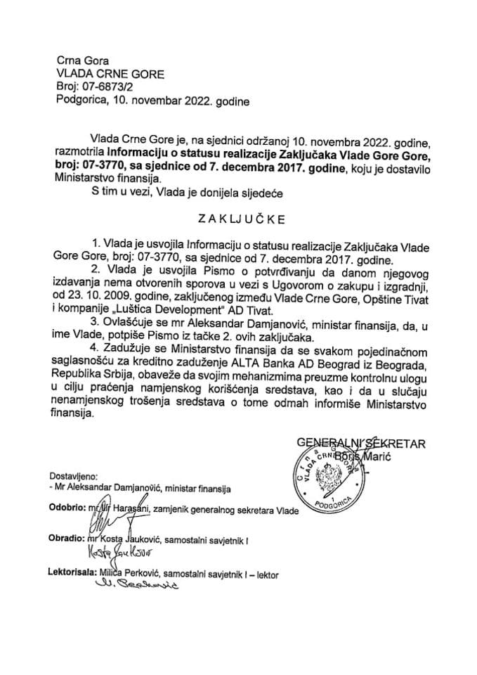 Информација о статусу реализације закључака Владе Црне Горе, број: 07-3770, са сједнице од 7. децембра 2017. године - закључци