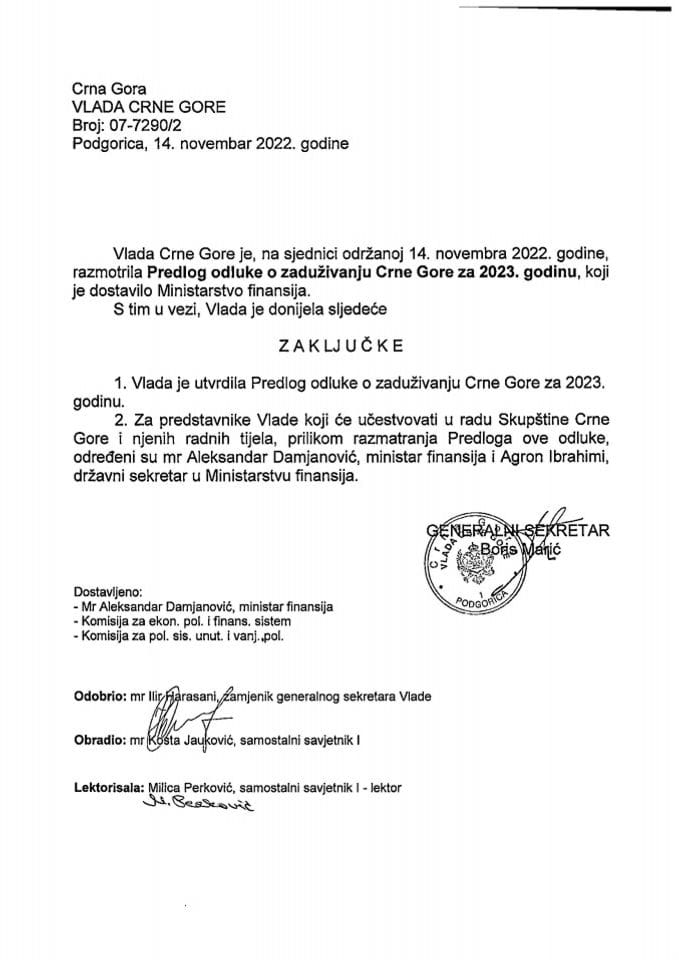 Predlog odluke o zaduživanju Crne Gore za 2023. godinu - zaključci
