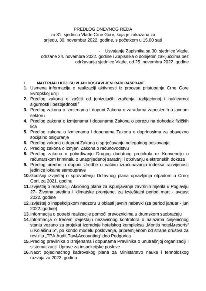 Predlog dnevnog reda za 31. sjednicu Vlade Crne Gore